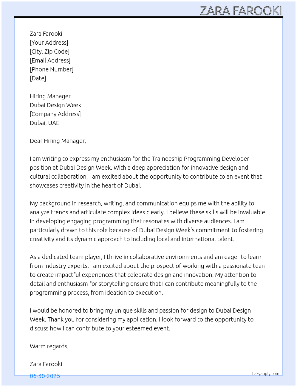 Traineeship Programming Developor At Dubai Design Week Cover Letter