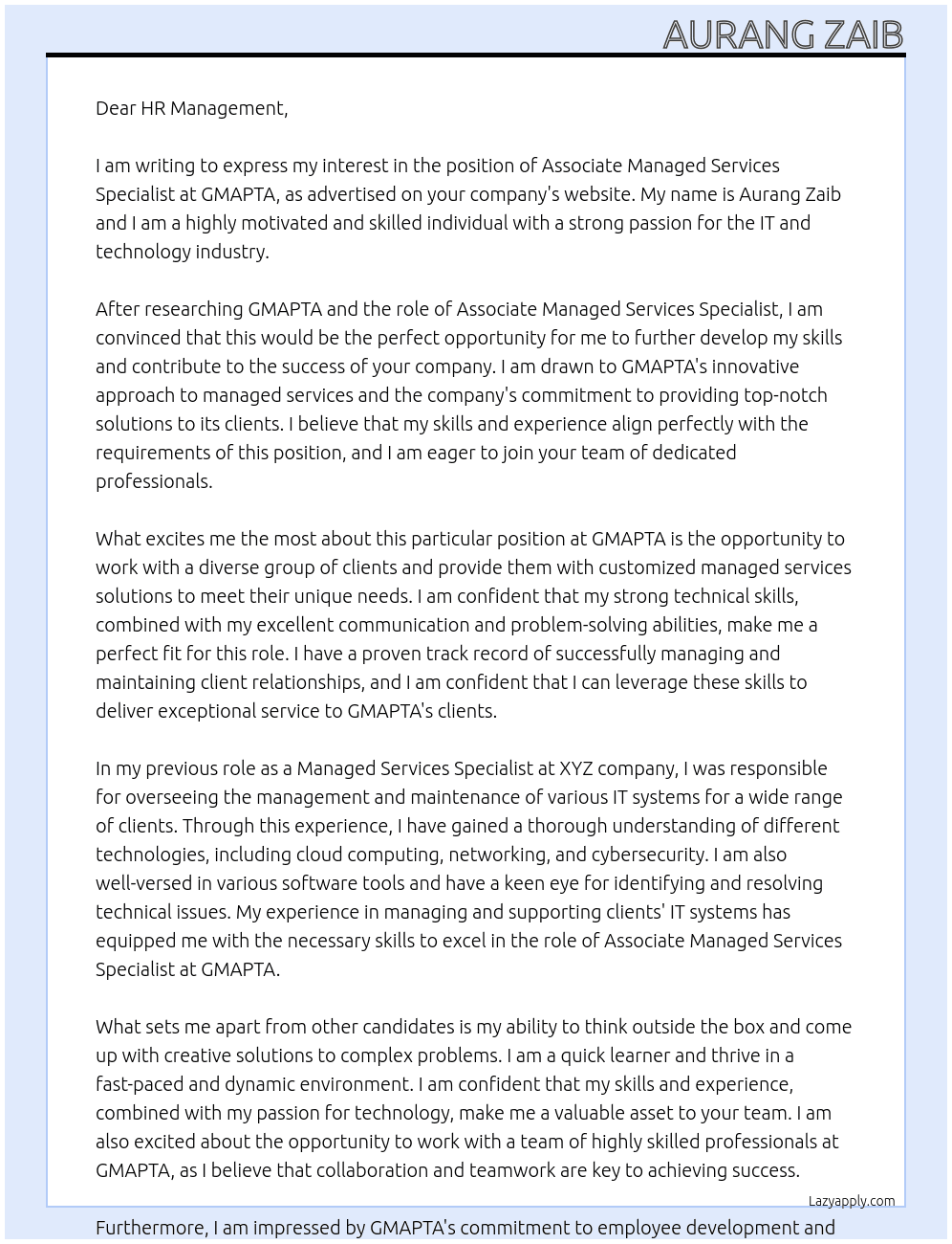 Associate Managed Services Specialist At GMAPTA Cover Letter