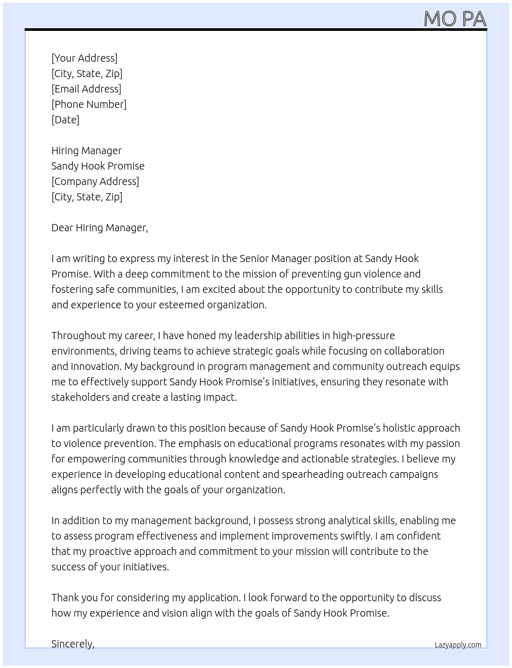 Senior Manager At Sandy Hook Promise Cover Letter