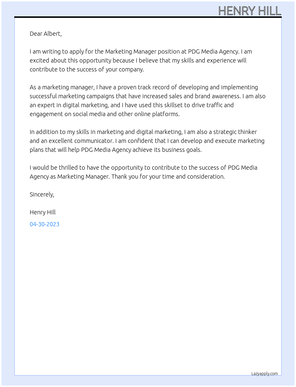 Marketing Manager At PDG Media Agency Cover Letter