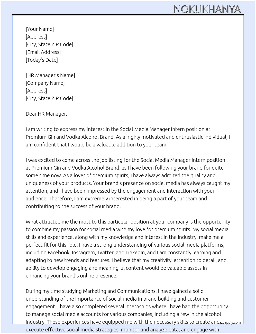 Social Media Manager Intern At Premium Gin and Vodka Alcohol Brand Cover Letter