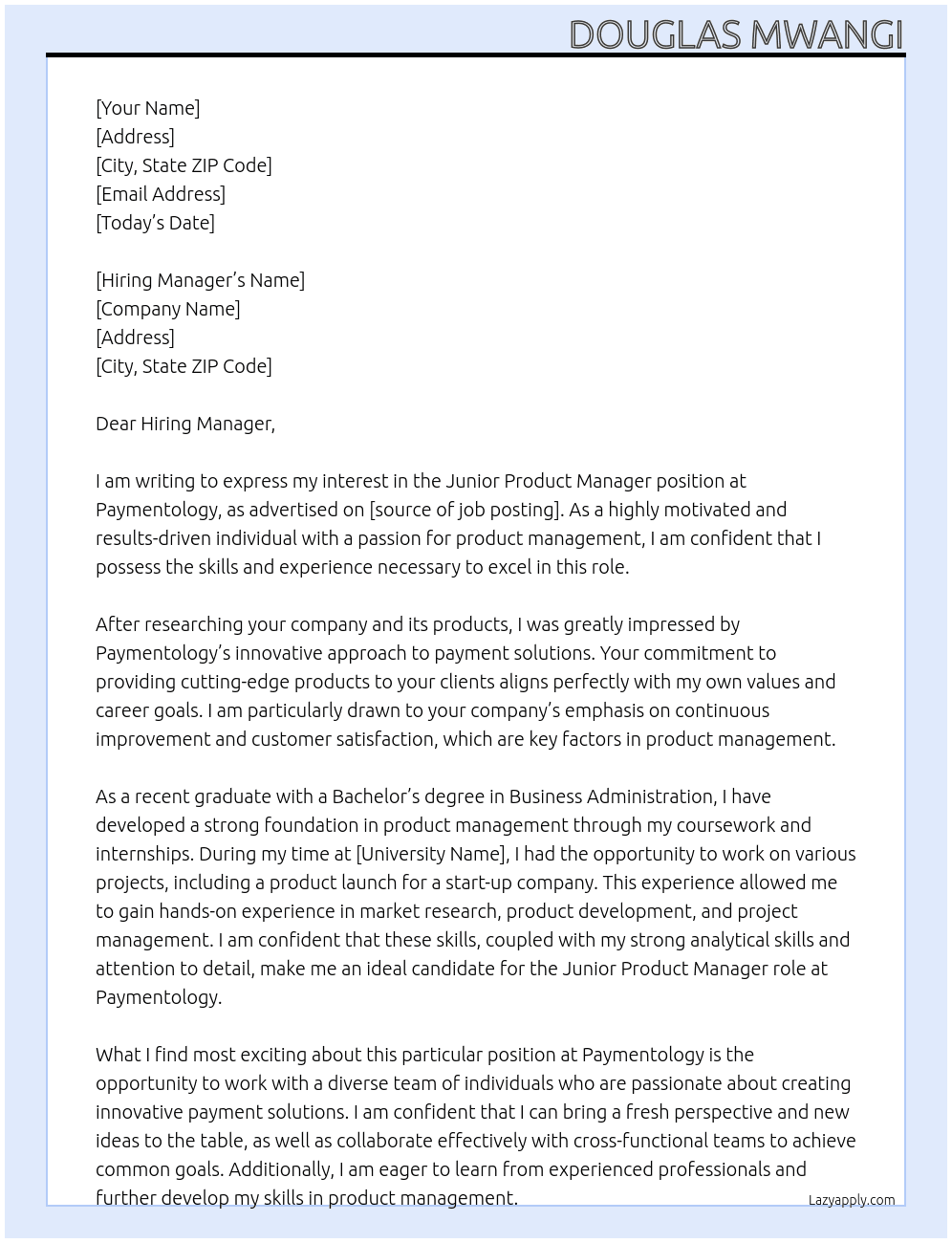 Junior Product Manager At Paymentology Cover Letter