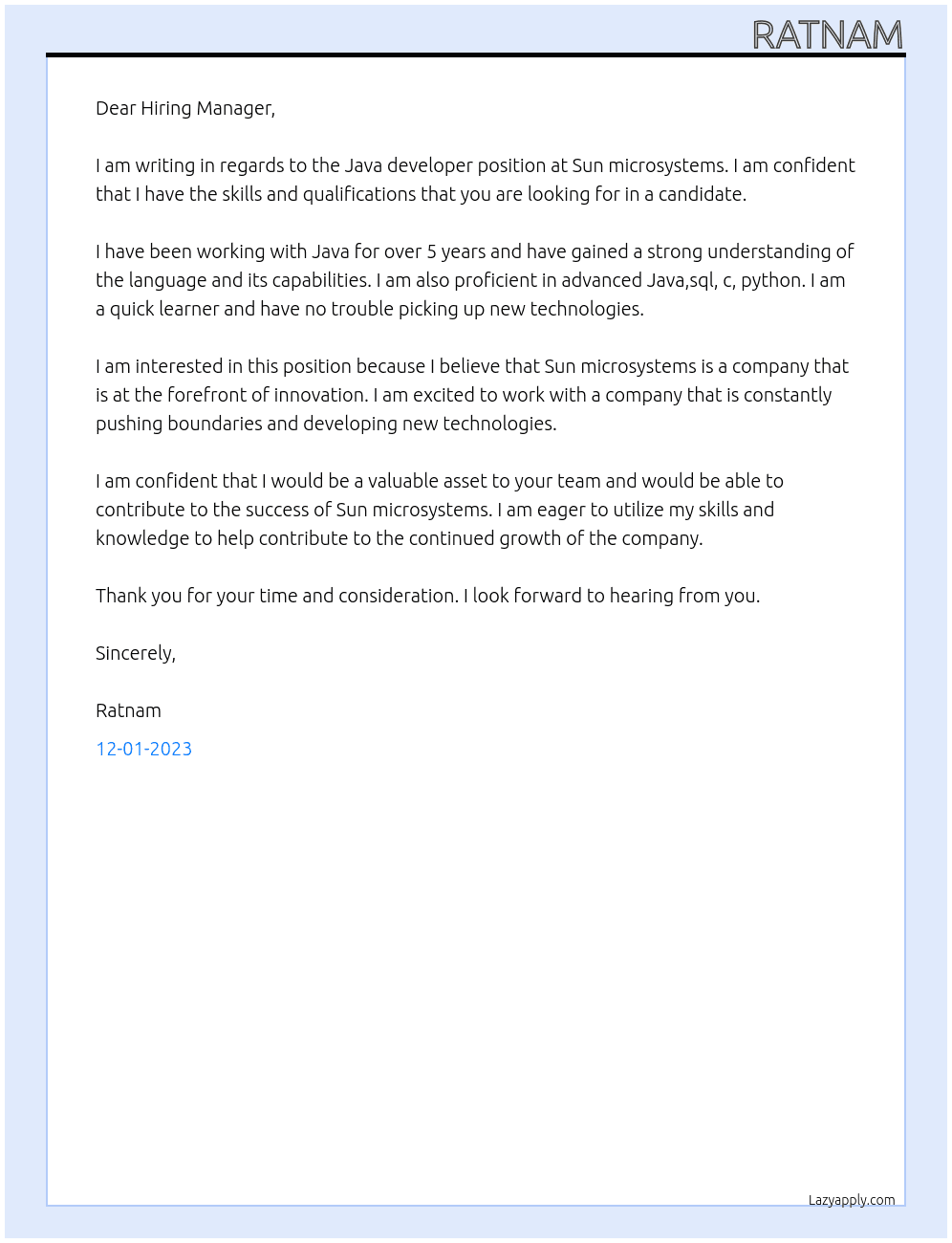 Java developer At Sun microsystems Cover Letter
