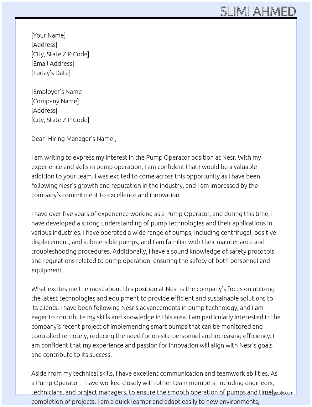 Pump operator At Nesr Cover Letter