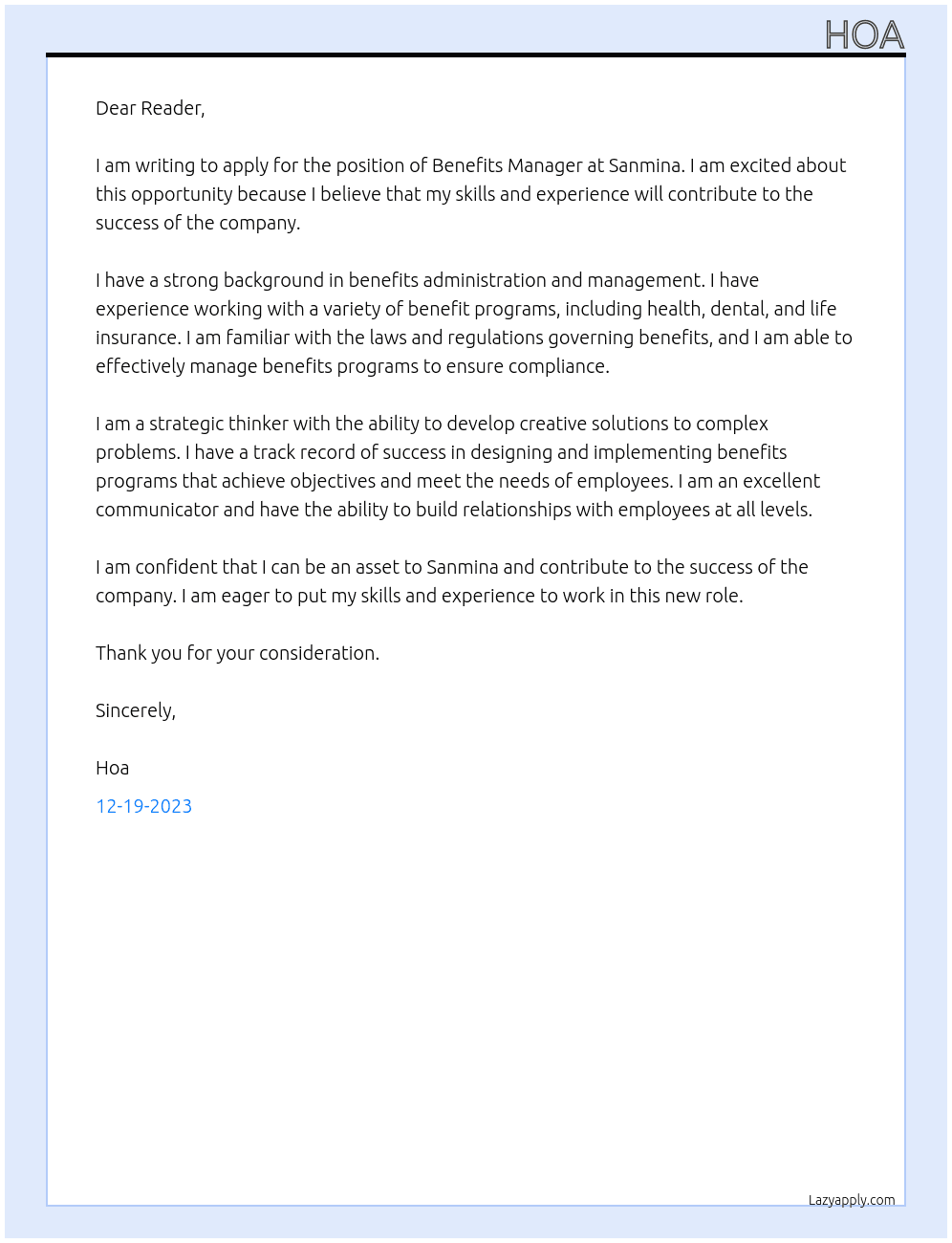 Benefits Manager At Sanmina Cover Letter