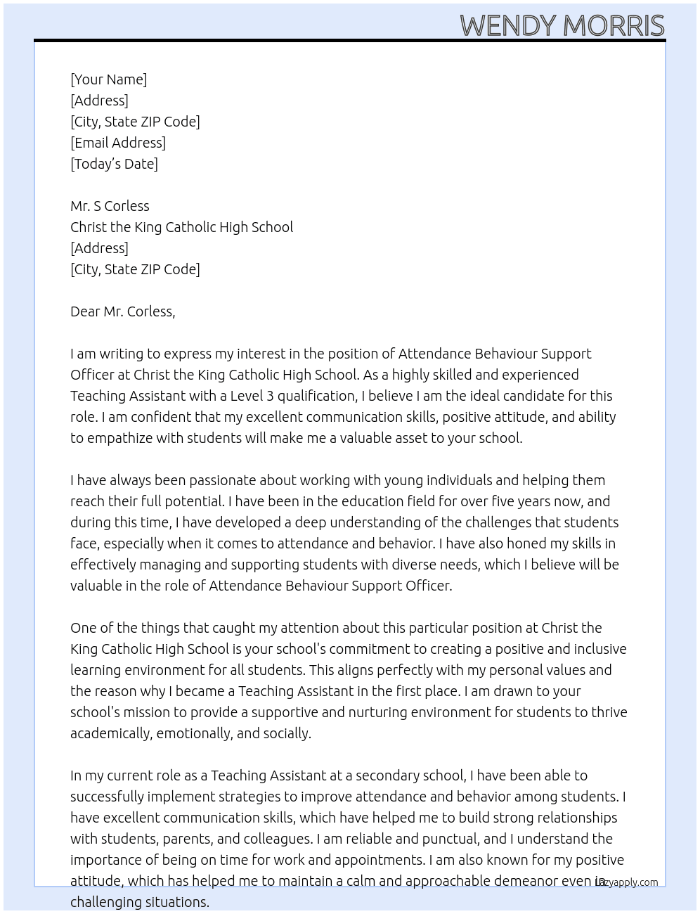 Attendance behaviour support officer At Christ the King Catholic High School Cover Letter