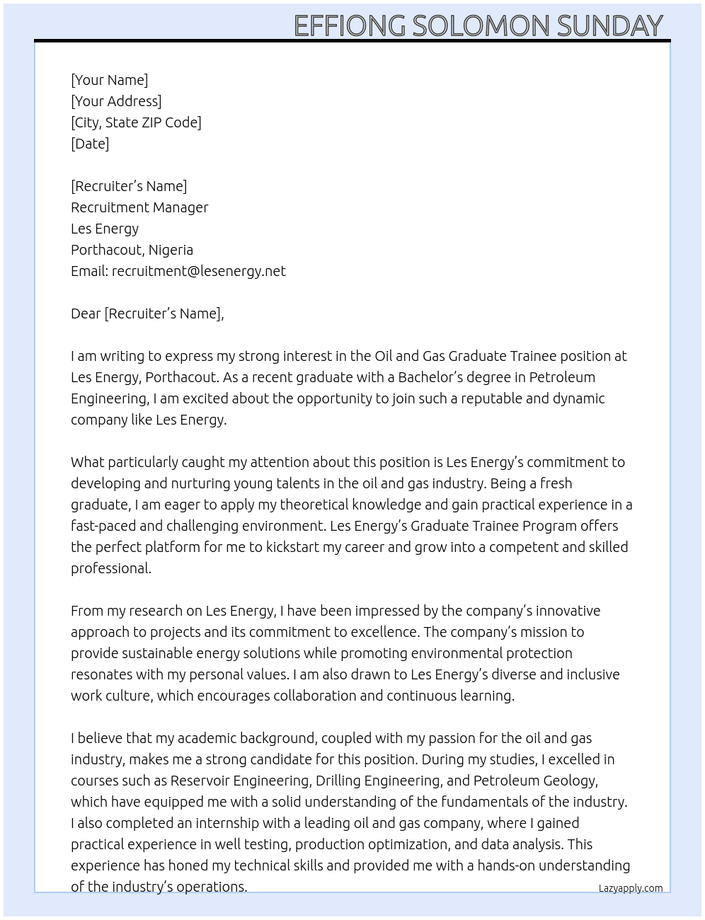 Oil and gas graduate trainee At Les Energy, Porthacout  Cover Letter