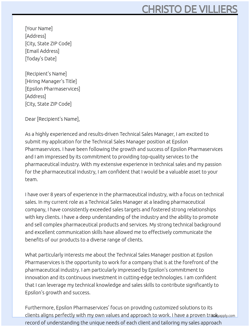 Technical sales manager At Epsilon Pharmaservices Cover Letter