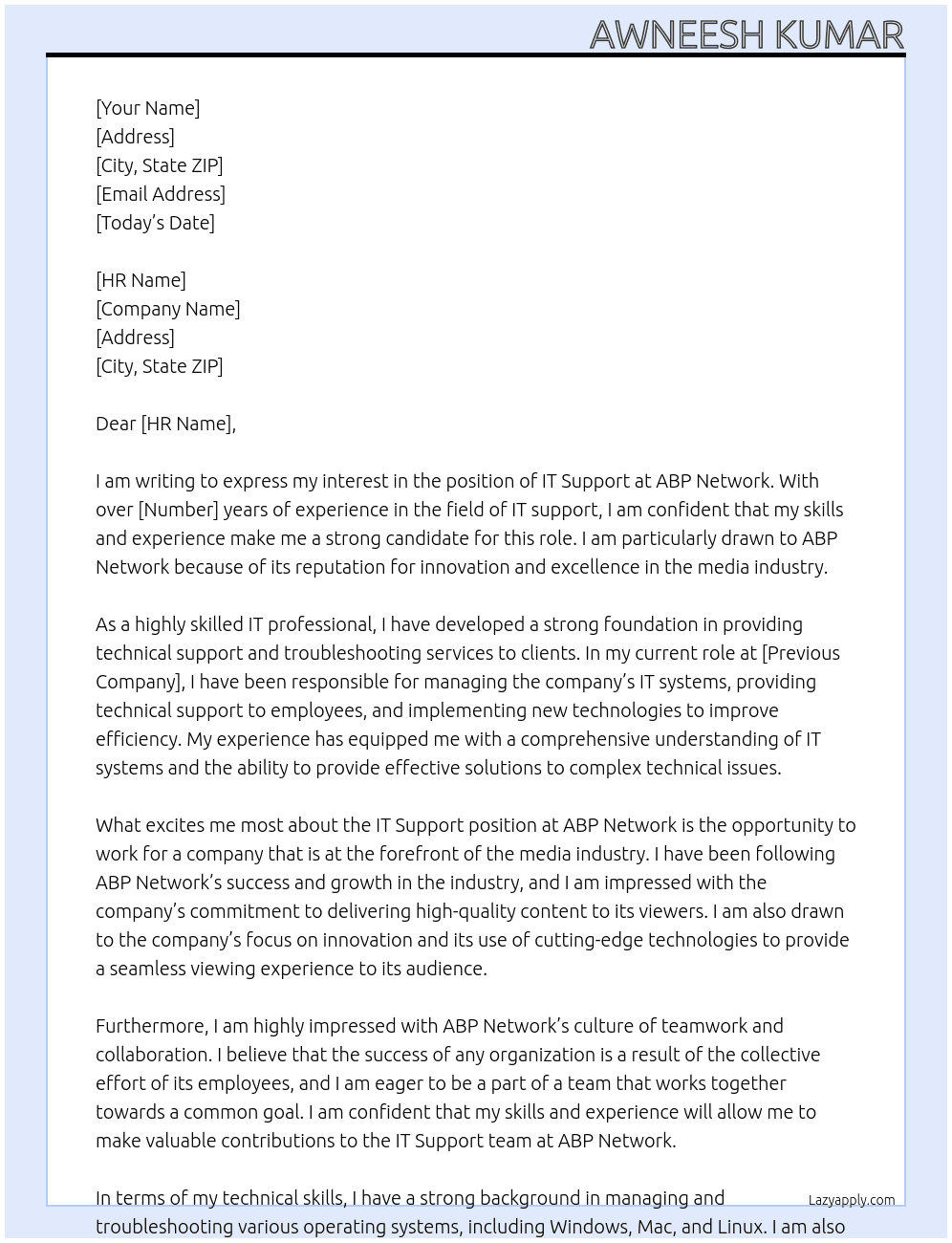 IT Support At ABP Network Cover Letter