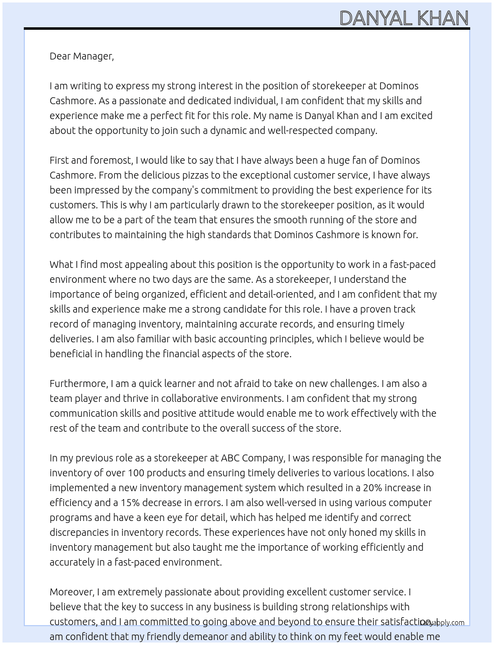 storekeeper At Dominos cashmore Cover Letter