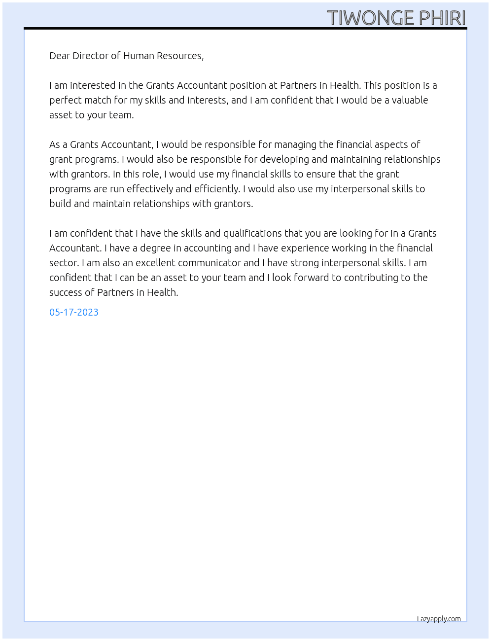 Grants Accountant At Partners in Health Cover Letter