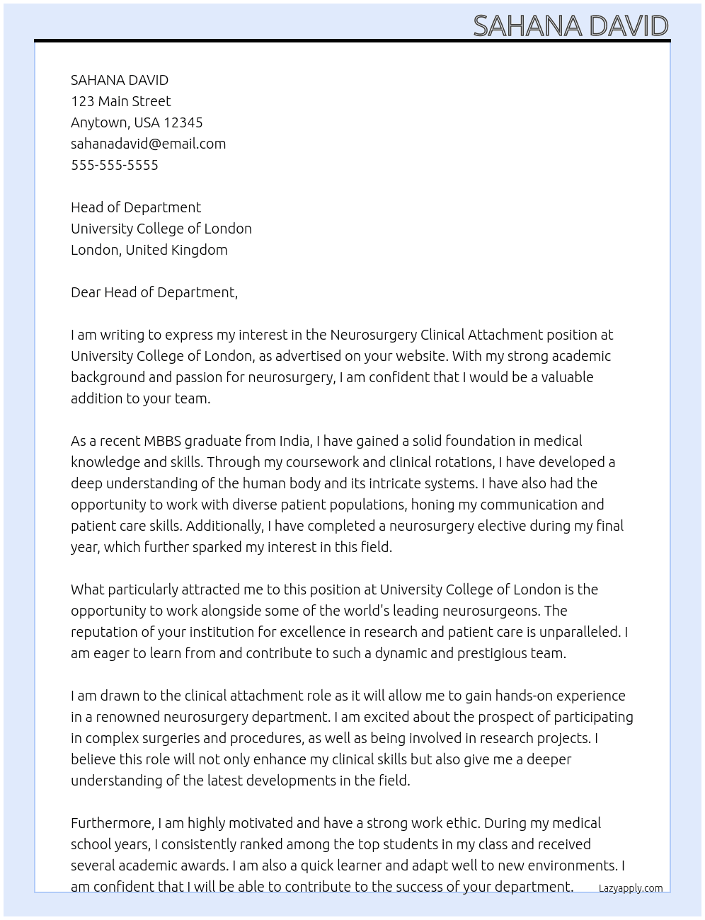 Neurosurgery Clinical Attachment At University College of London Cover Letter