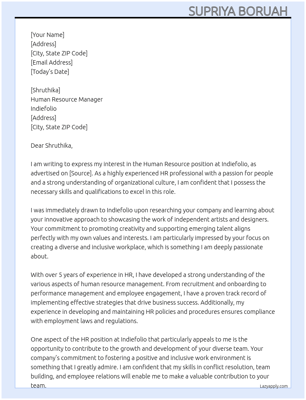 Human Resource  At Indiefolio  Cover Letter