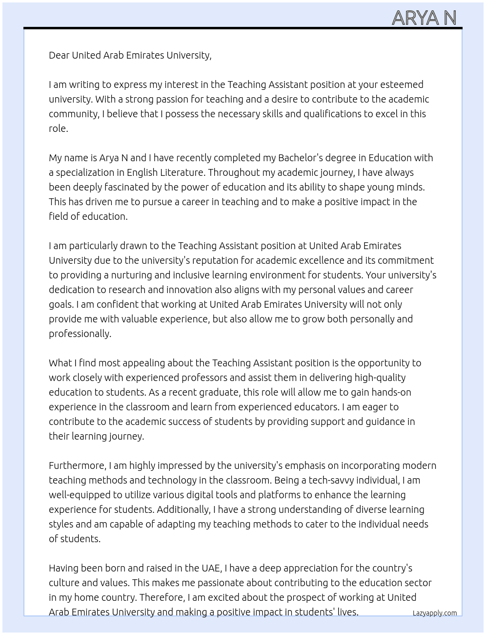 Teaching assistant  At United Arab Emirates university  Cover Letter