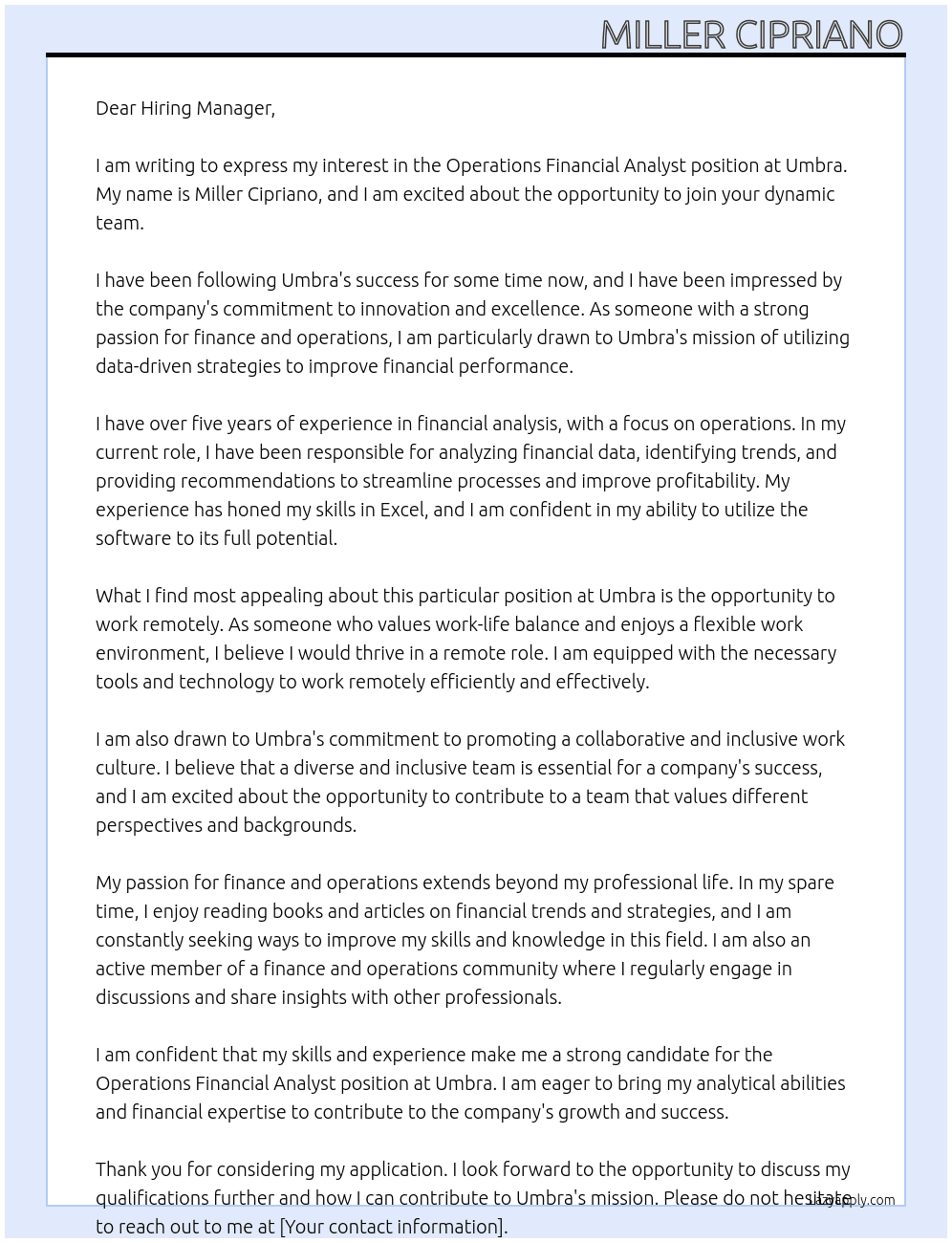 Operations Financial Analyst At Umbra Cover Letter