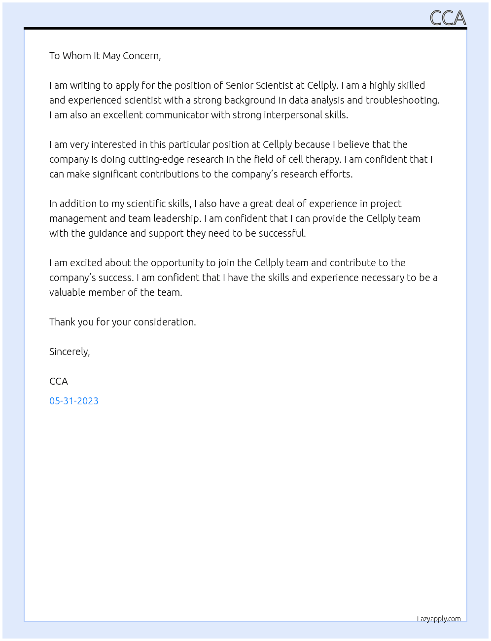 senior scientist At cellply Cover Letter