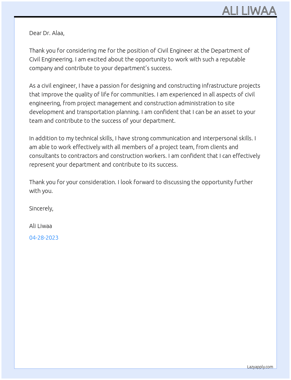 Civil engineer  At Department of civil Engineering  Cover Letter
