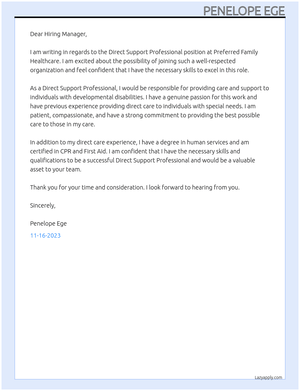 Direct Support Professional  At Preferred Family Healthcare  Cover Letter