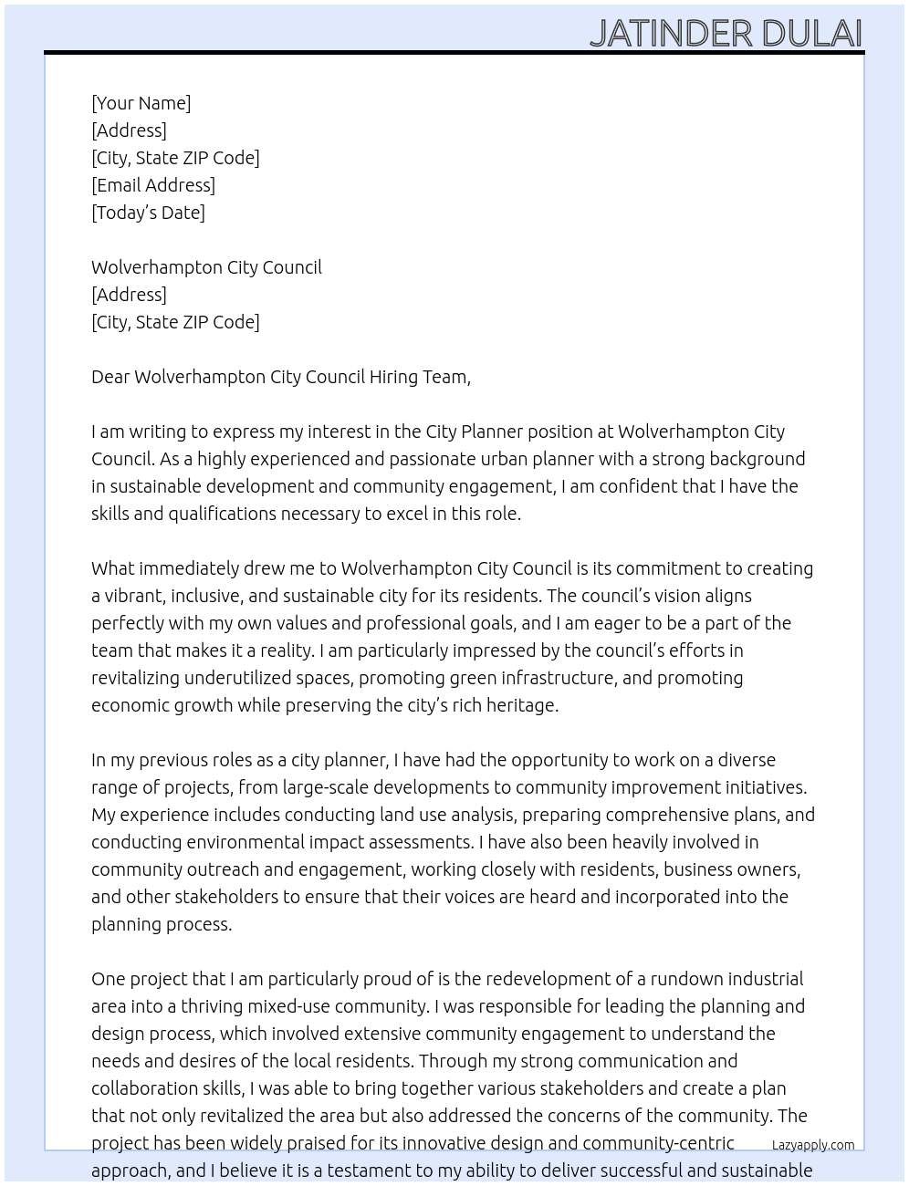 City Planner At Wolverhampton City Council Cover Letter