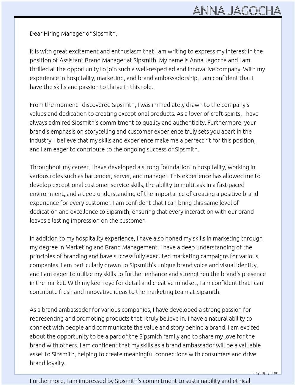 Assistant Brand Manager At Sipsmith Cover Letter