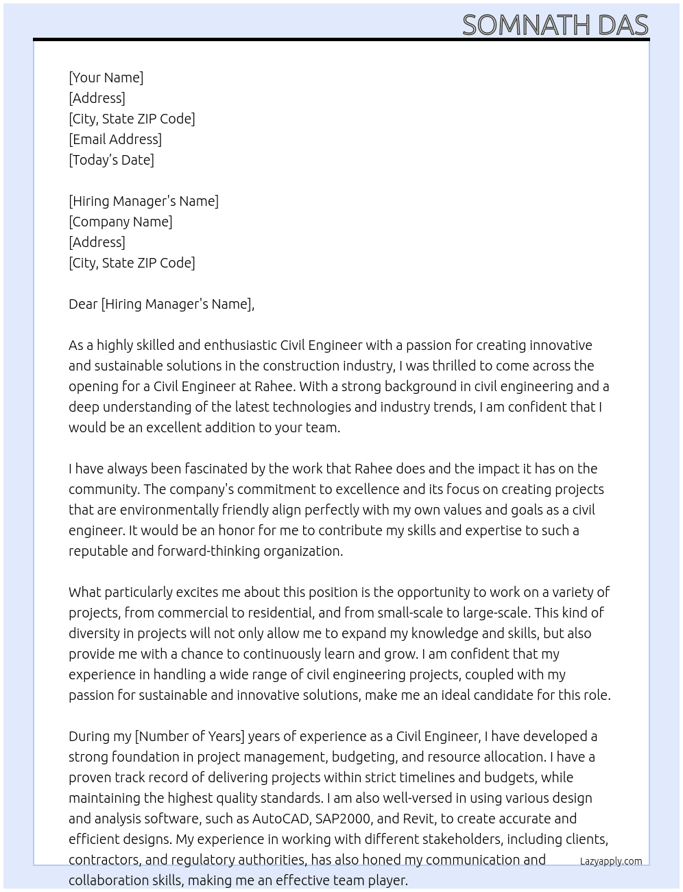 civil engineer At rahee Cover Letter