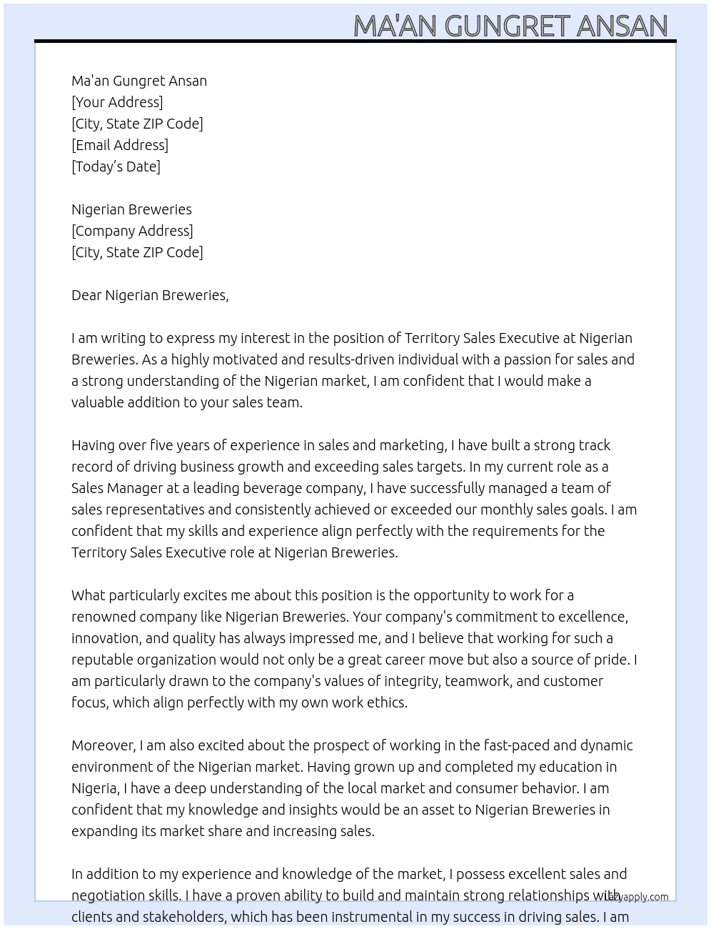 Territory sales executive  At Nigerian breweries  Cover Letter