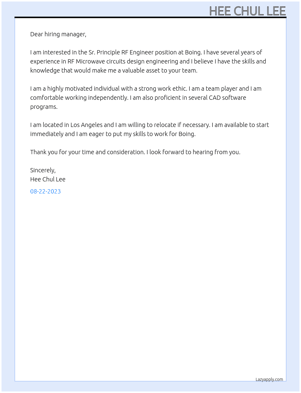Sr. Principle RF Engineer  At Boing Cover Letter