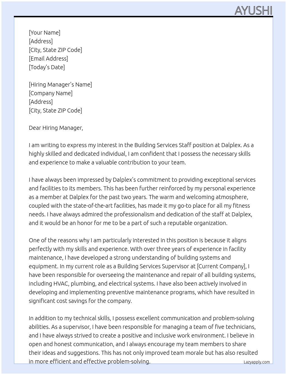 Building Services Staff  At Dalplex Cover Letter