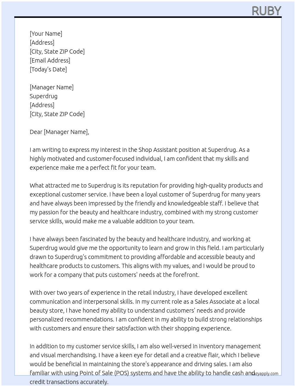 shop assistant  At Superdrug Cover Letter