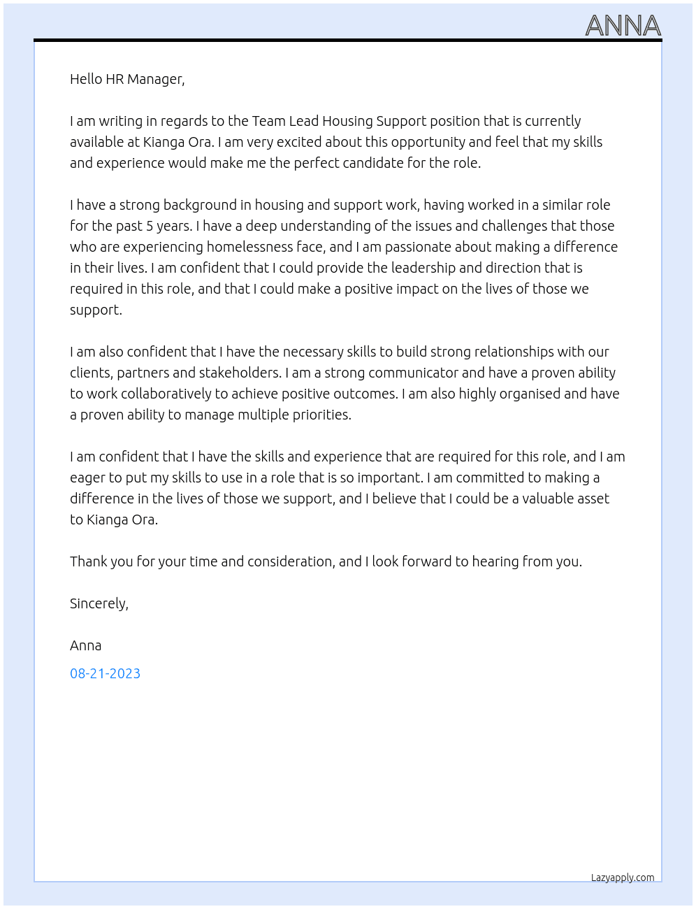 Team Lead Housing Support At Kianga Ora Cover Letter