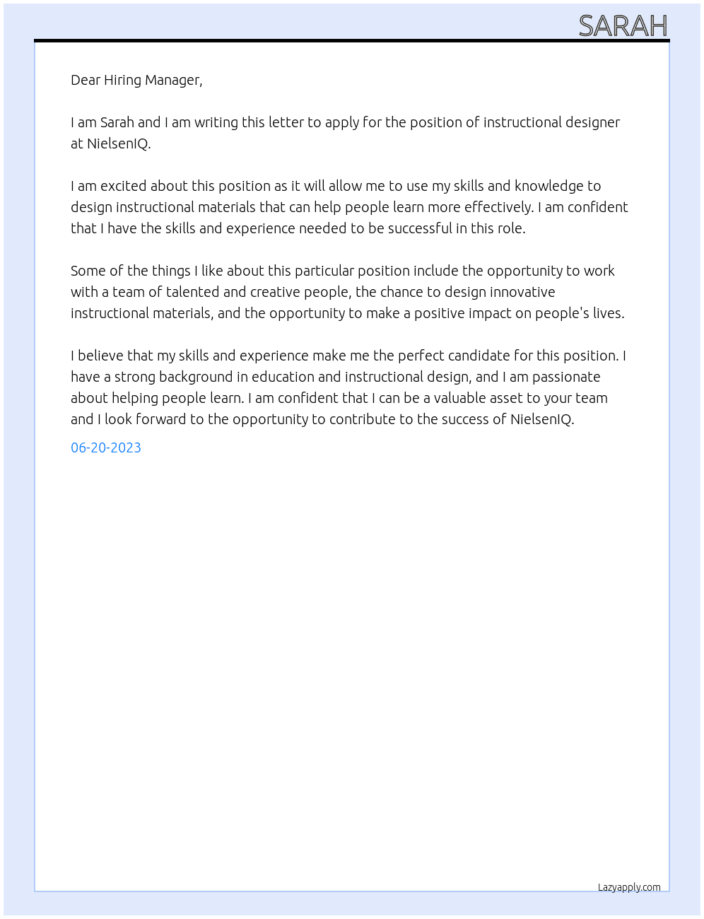 instructional designer At NielsenIQ Cover Letter