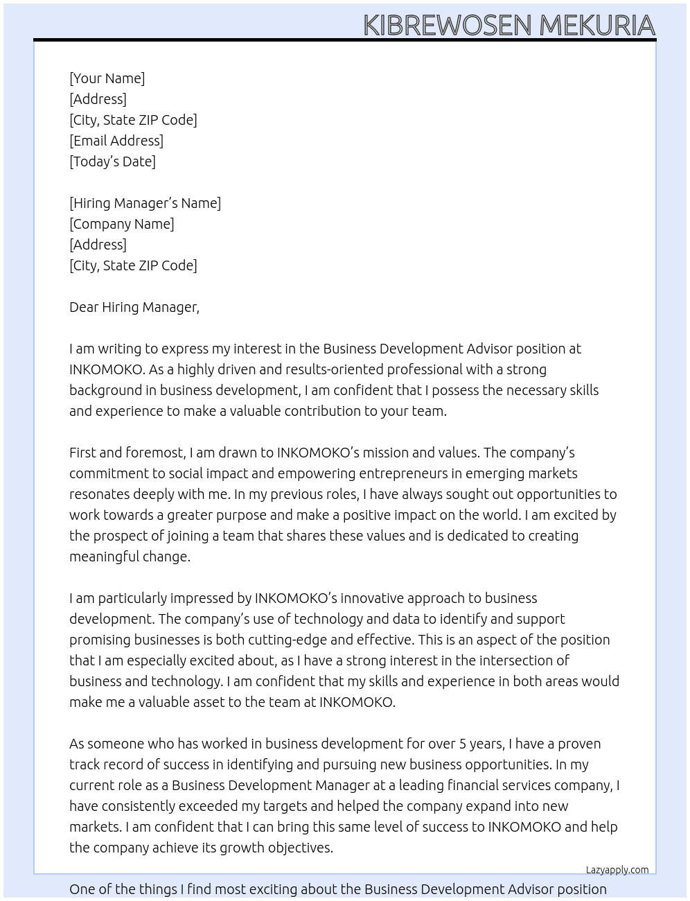 Business Development Advisor At INKOMOKO Cover Letter