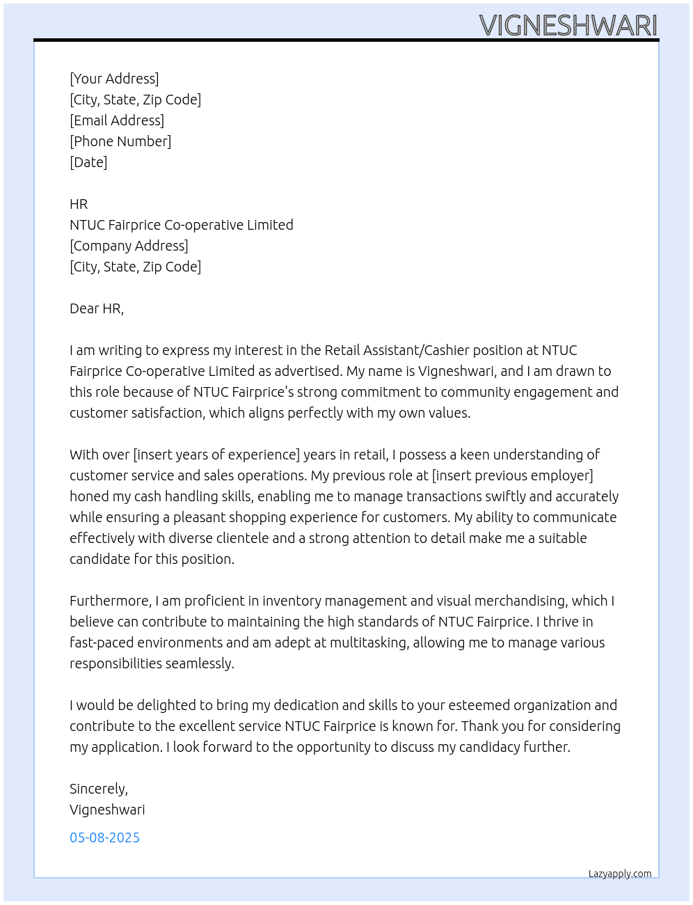Retail Assistant/Cashier At NTUC Fairprice Co-operative Limited Cover Letter