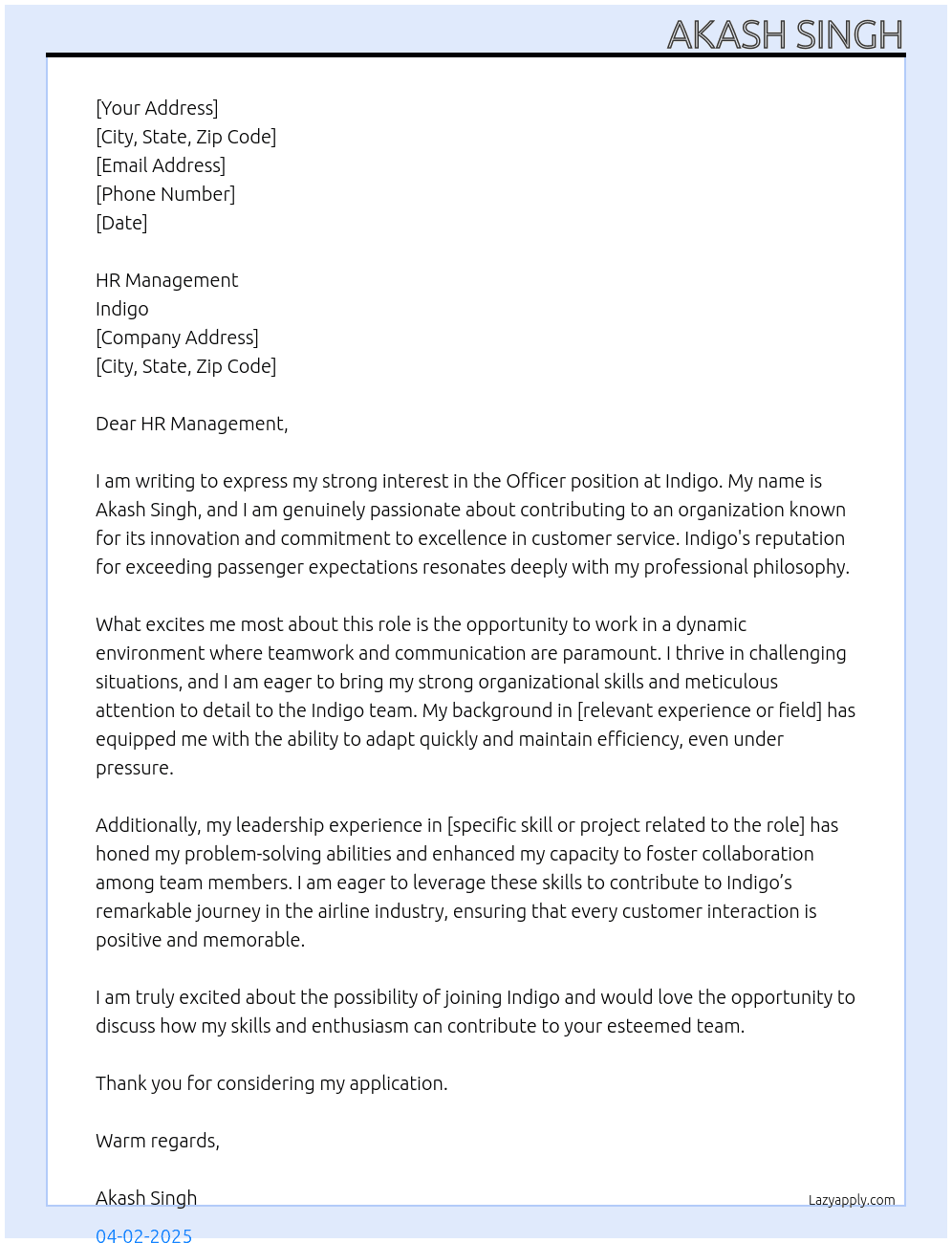 Cover letter for offecer - LazyApply