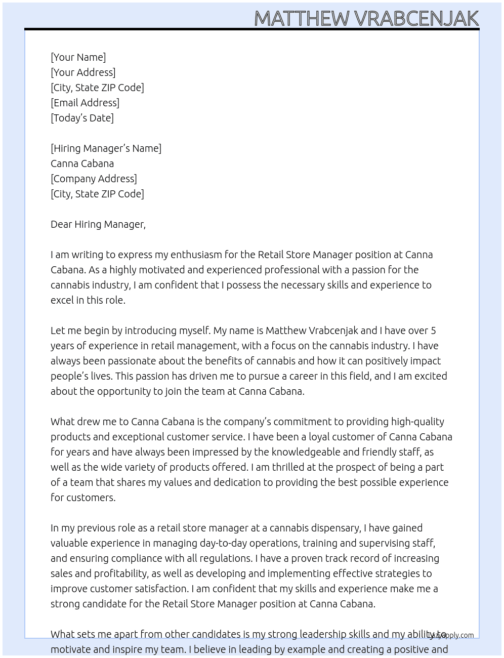 Retail Store Manager At Canna Cabana Cover Letter