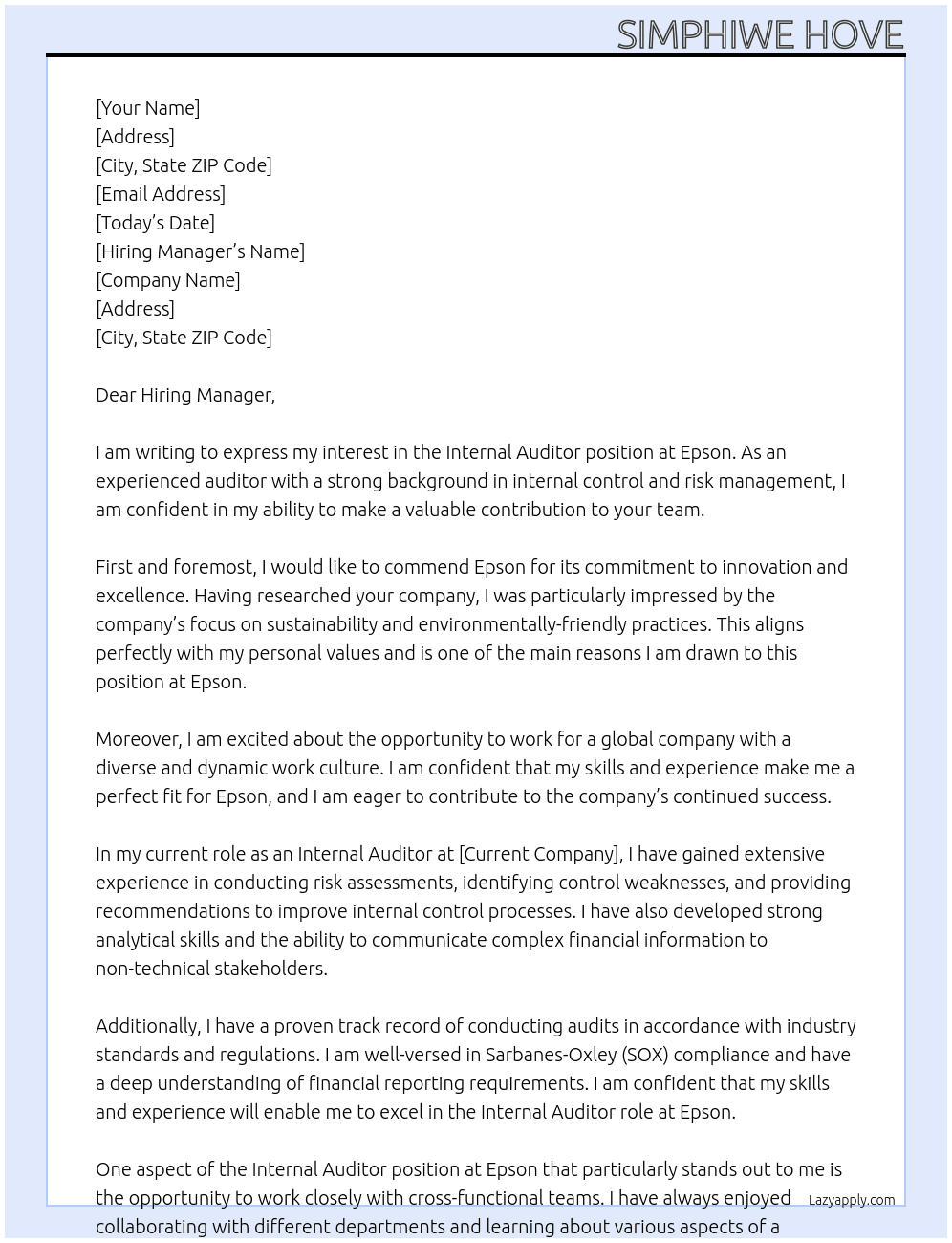 Internal Auditor At Epson  Cover Letter