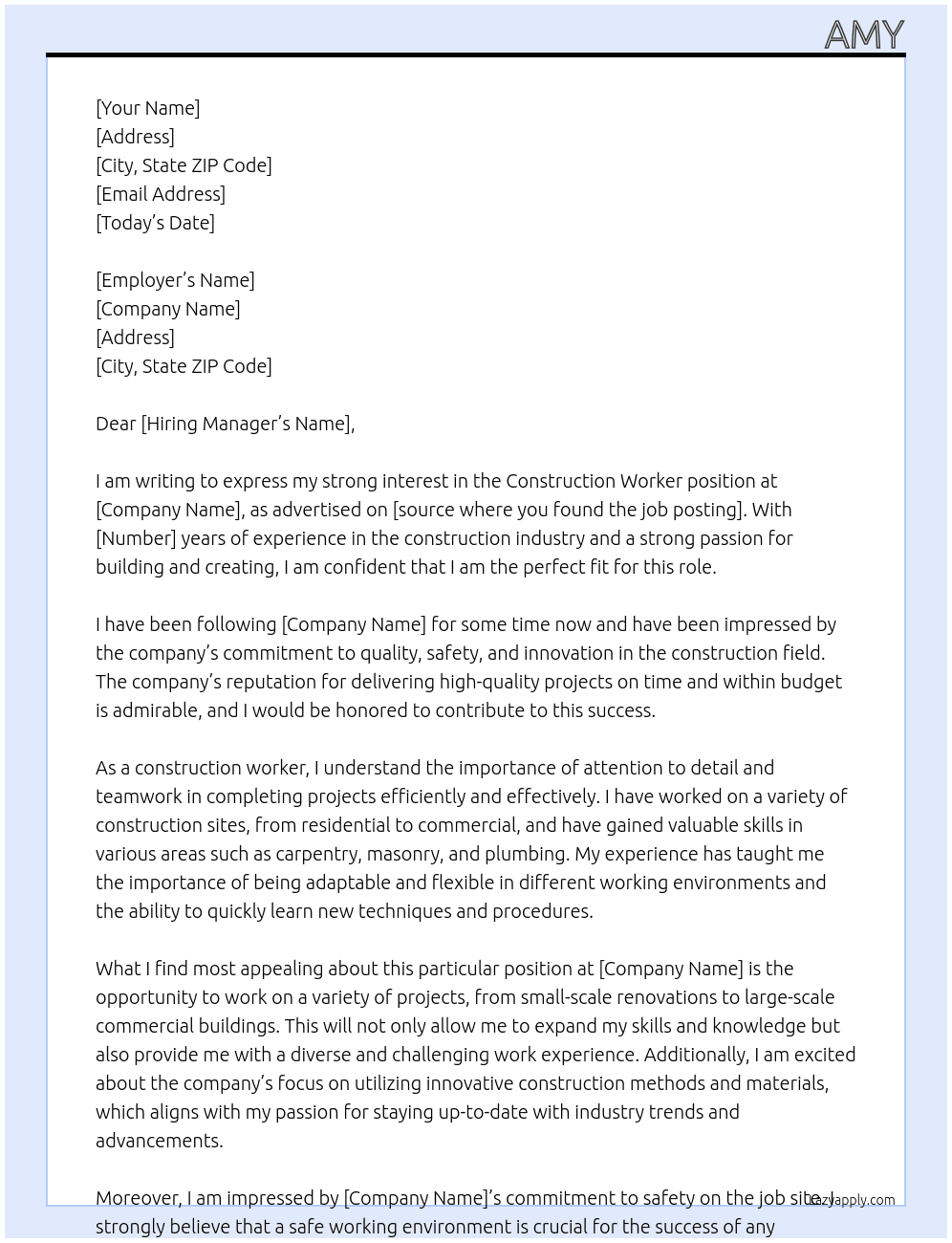 construction worker At X Cover Letter