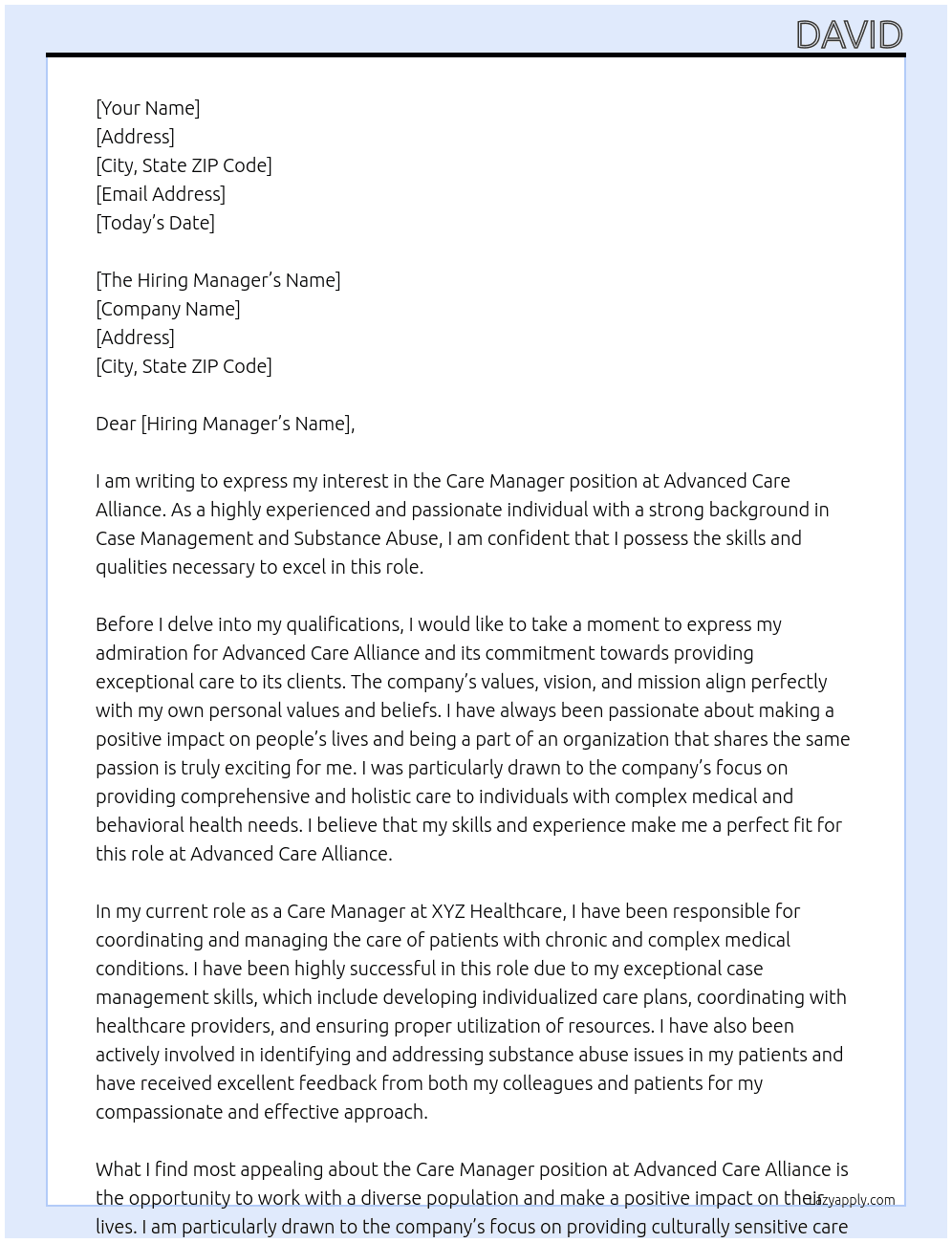 Care Manager At Advanced Care Alliance  Cover Letter