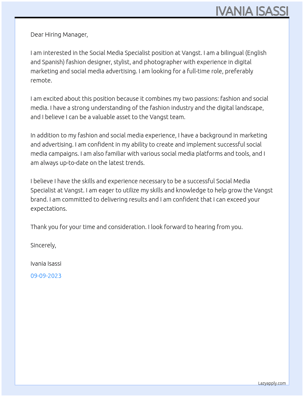 Social Media Specialist At Vangst Cover Letter