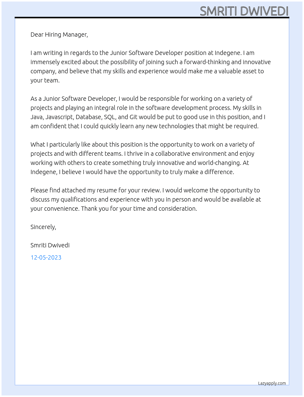 Junior Software Developer At Indegene Cover Letter