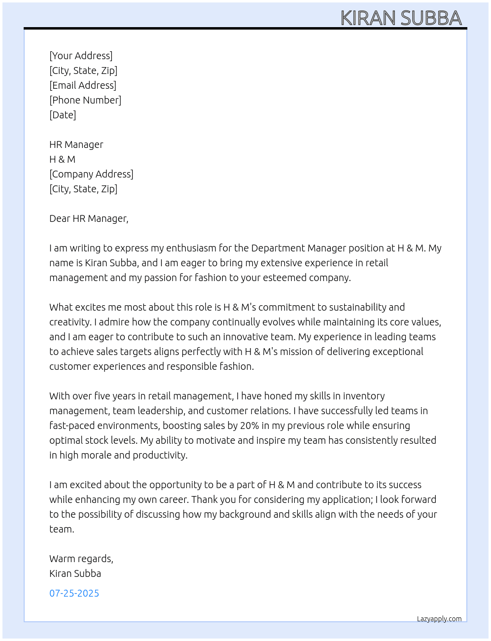 Department Manager  At H & M Cover Letter