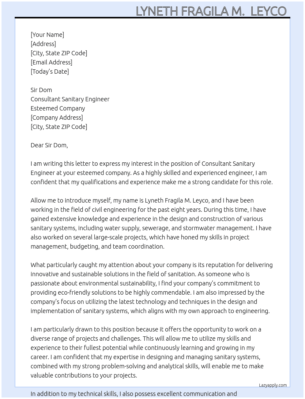 Consultant Sanitary Engineer  At Esteemed company  Cover Letter