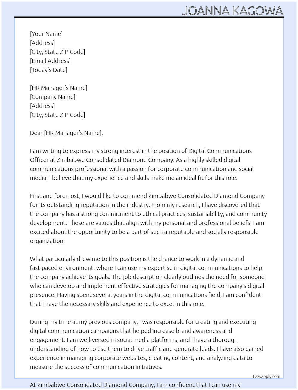 digital communications officer At zimbabwe consolidated diamond company  Cover Letter