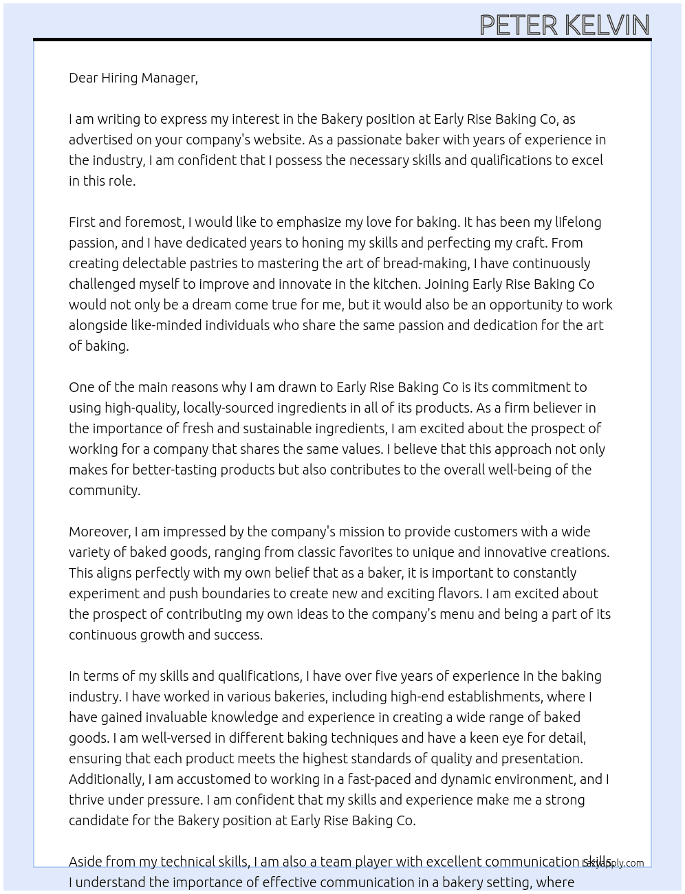 Bakery  At Early rise baking co Cover Letter
