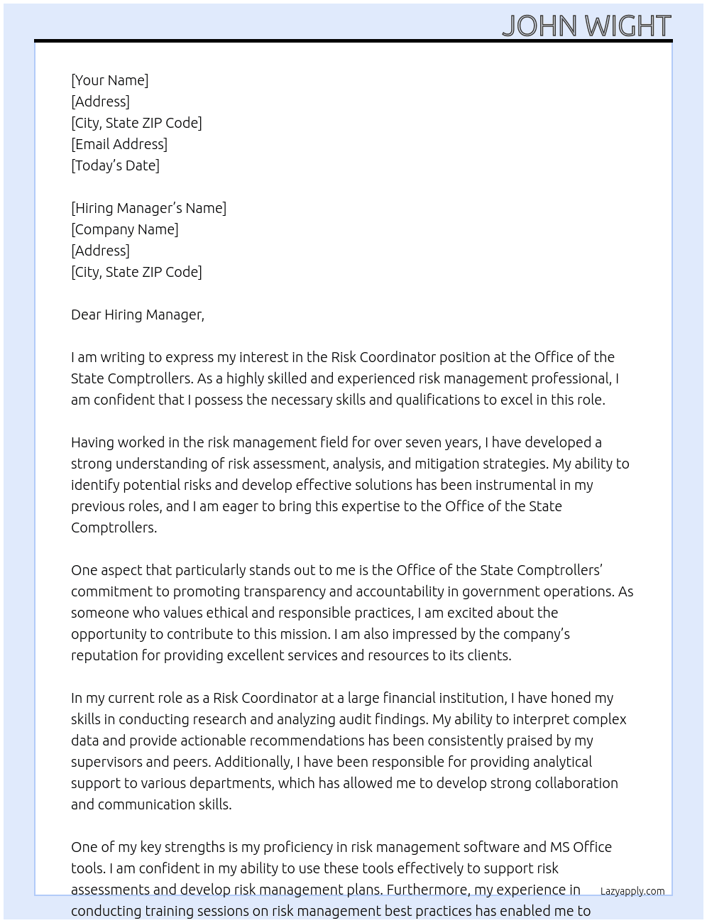 Risk Coordinator At Office of the State Comptrollers  Cover Letter