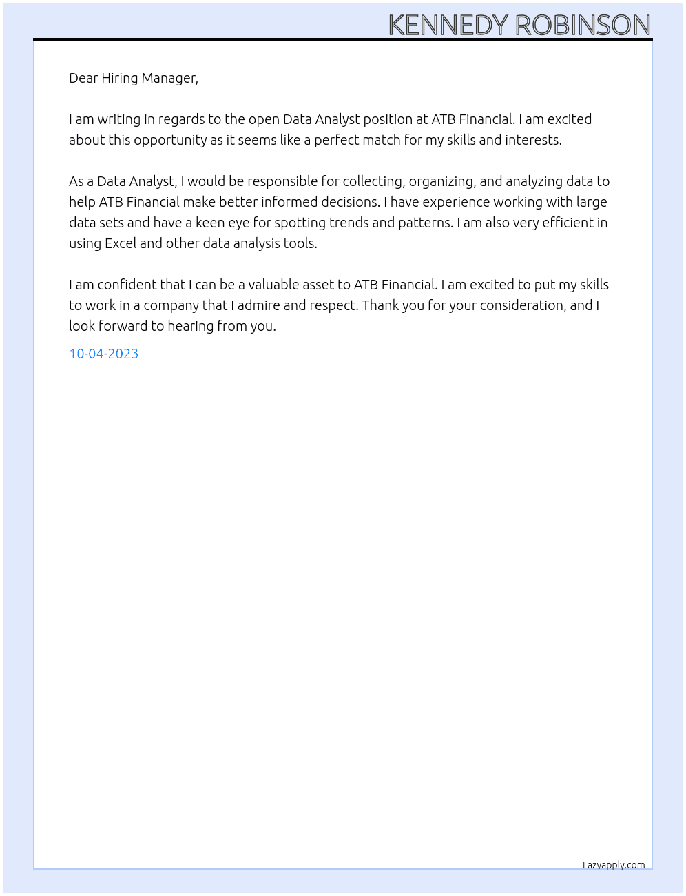 Data Analyst At ATB Financial Cover Letter