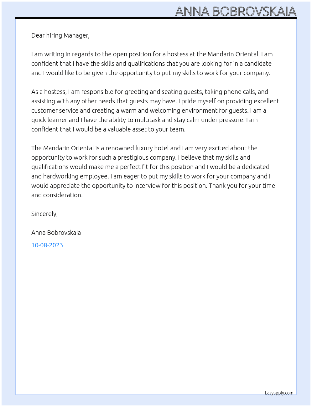 hostess At Mandarin oriental Cover Letter