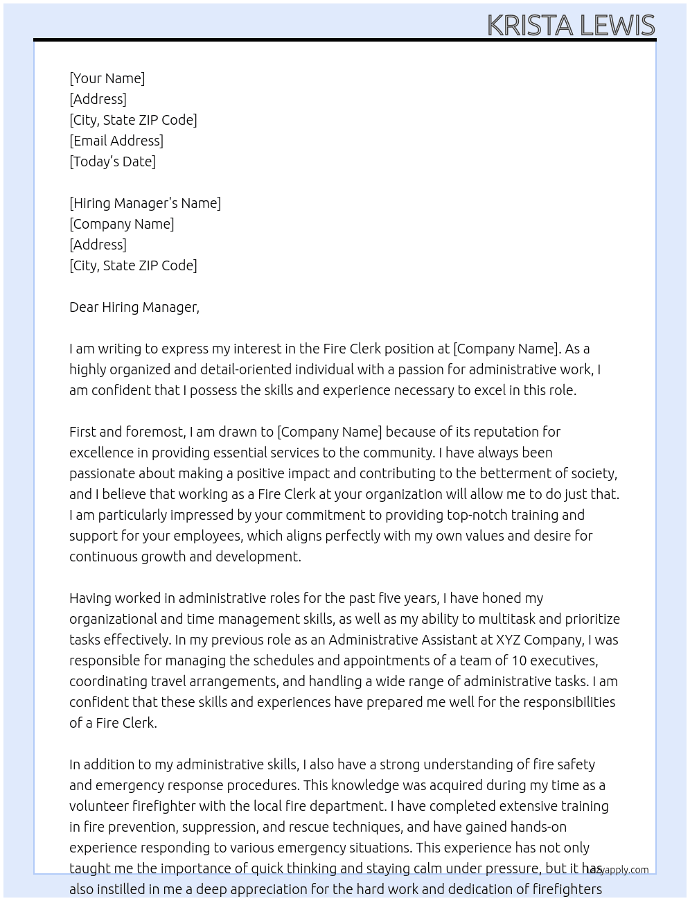 Fire Clerk At Krista Lewis Cover Letter