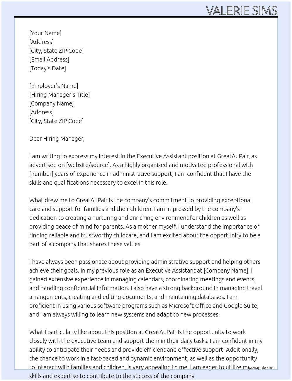 Executive assistant  At GreatAuPair Cover Letter