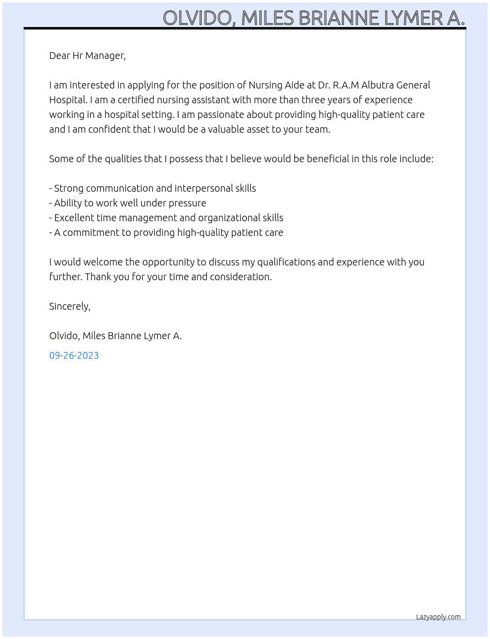 Nursing Aide At Dr. R.A.M Albutra General Hospital Cover Letter